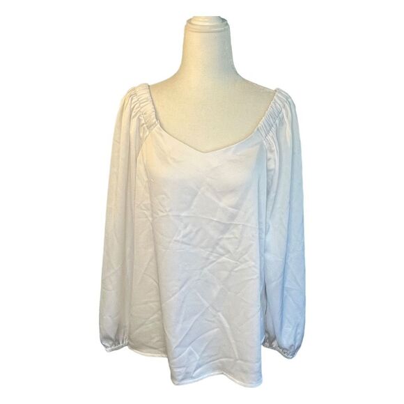 Halogen Puff Sleeve Blouse White Sweetheart Neck Elastic Shoulders - Picture 1 of 6